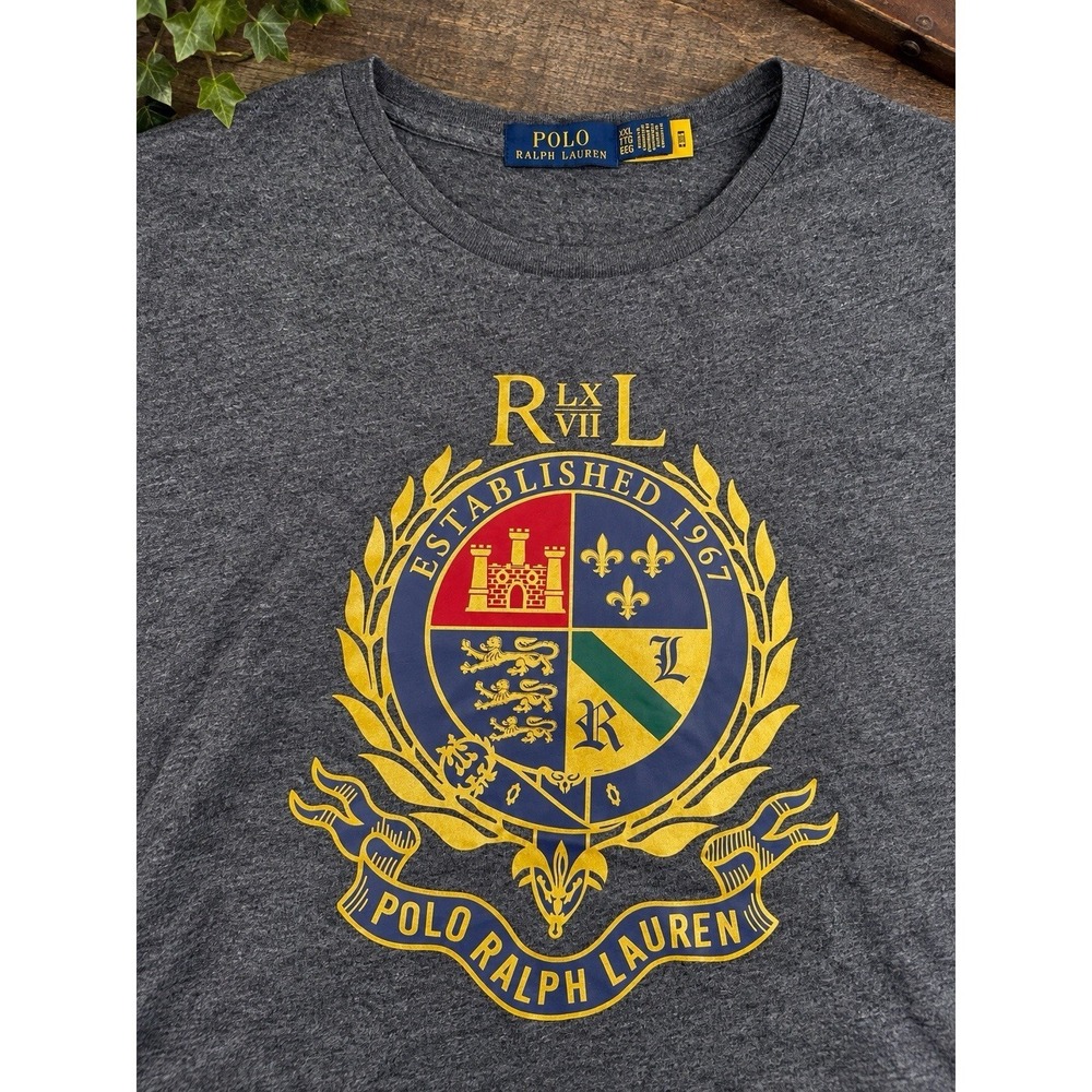 Polo Ralph Lauren 2024 Crest Graphic T Shirt Bleach Detail Heather Gray Mens XXL